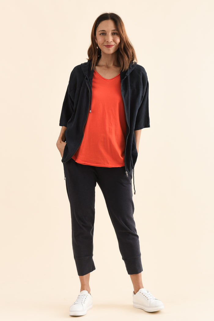 Saltair Navy Linen Zip Jacket,Full Body,Brunette model,alt text|model:Cara