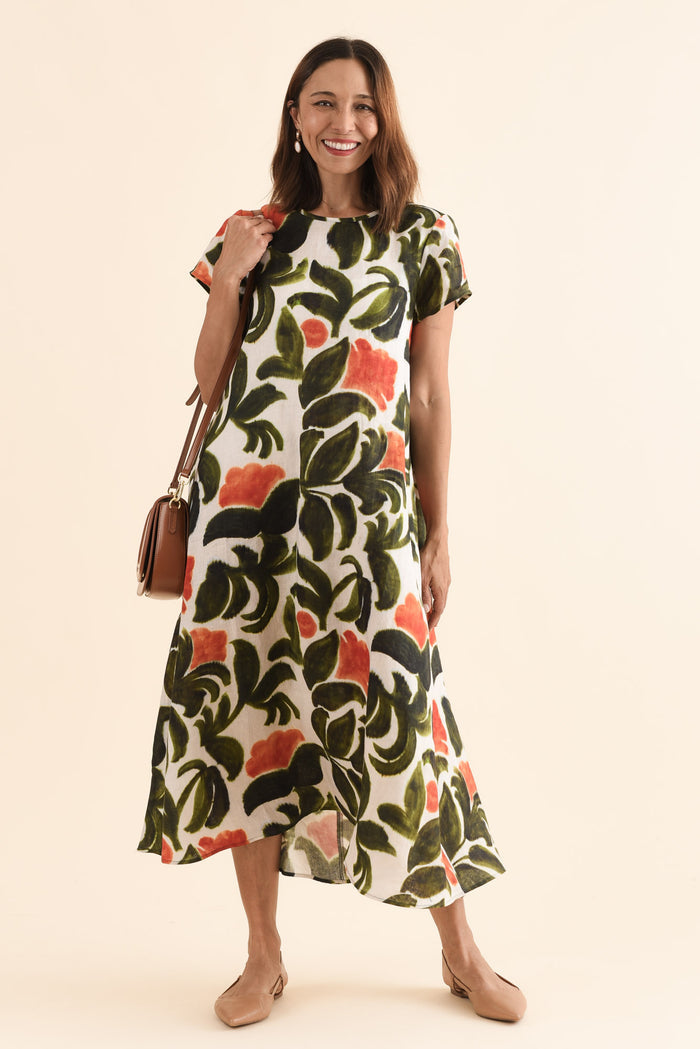 Salute Orange Flower Linen Dress,Front,Brunette model,alt text|model:Cara
