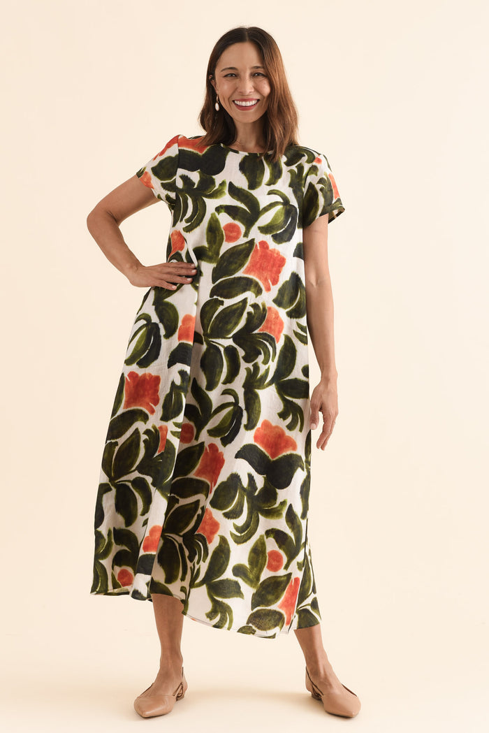 Salute Orange Flower Linen Dress,Full Body,Brunette model,alt text|model:Cara