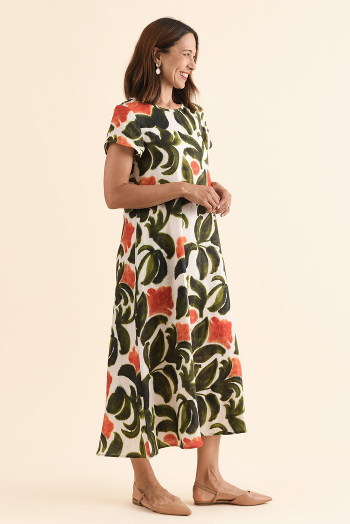 Salute Orange Flower Linen Dress,Side,Brunette model,alt text|model:Cara