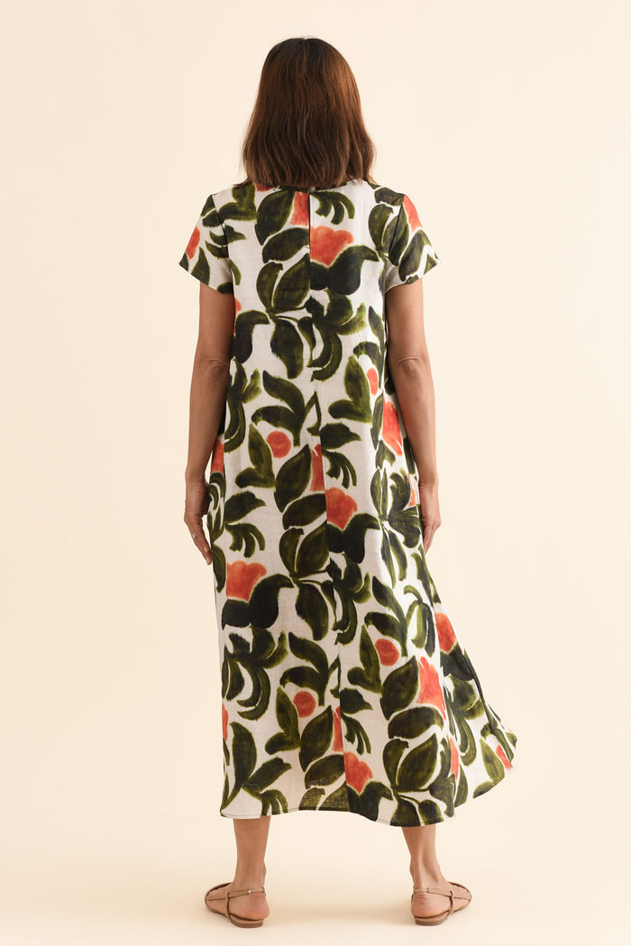 Salute Orange Flower Linen Dress,Back,Brunette model,alt text|model:Cara