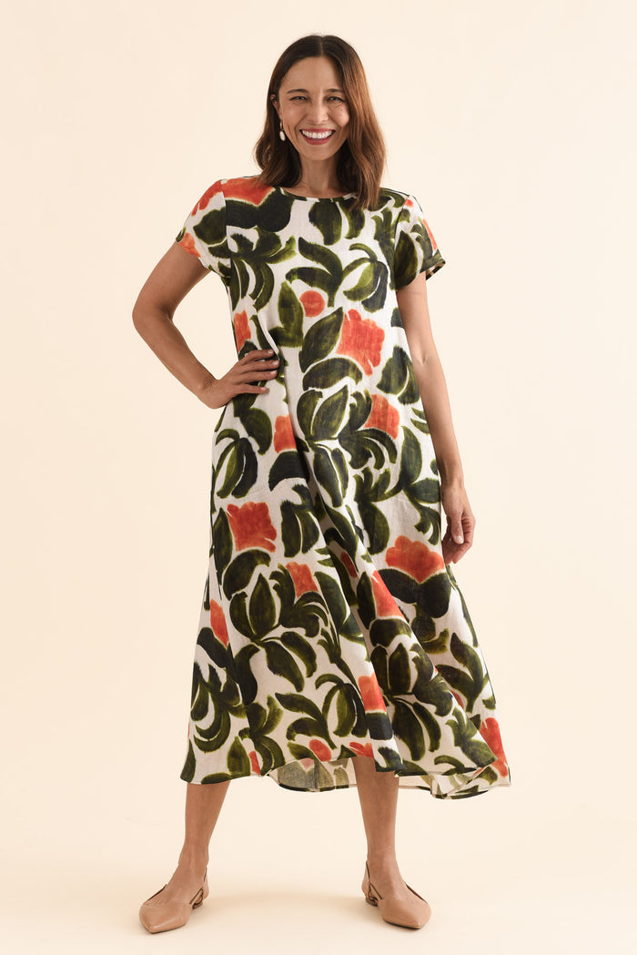 Salute Orange Flower Linen Dress,Full Body,Brunette model,alt text|model:Cara