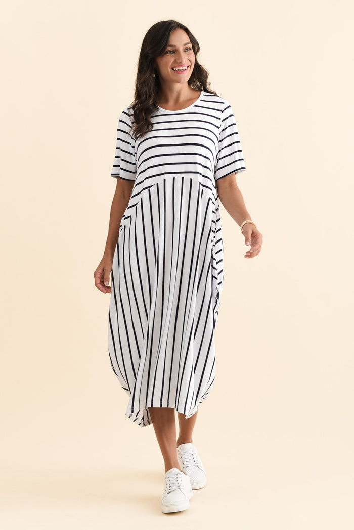 Samiya White Stripe Bamboo Dress,Brunette model,alt text|model:Brontie