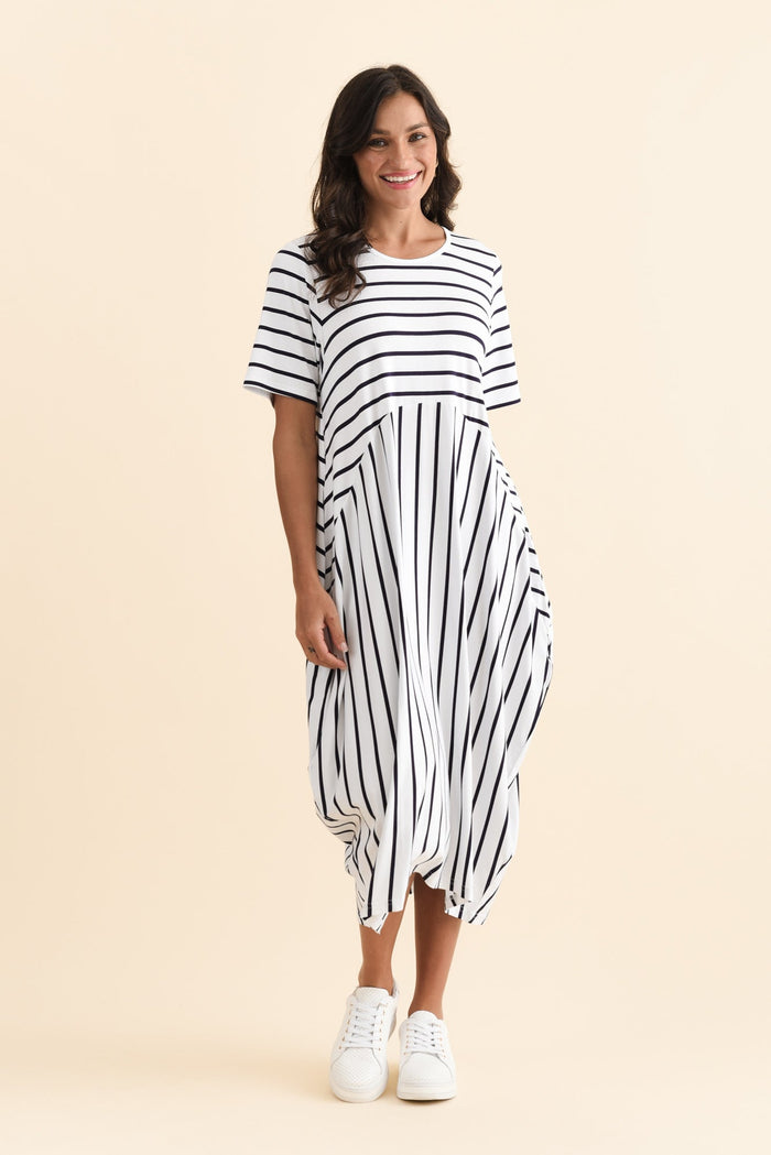 Samiya White Stripe Bamboo Dress,Brunette model,alt text|model:Brontie