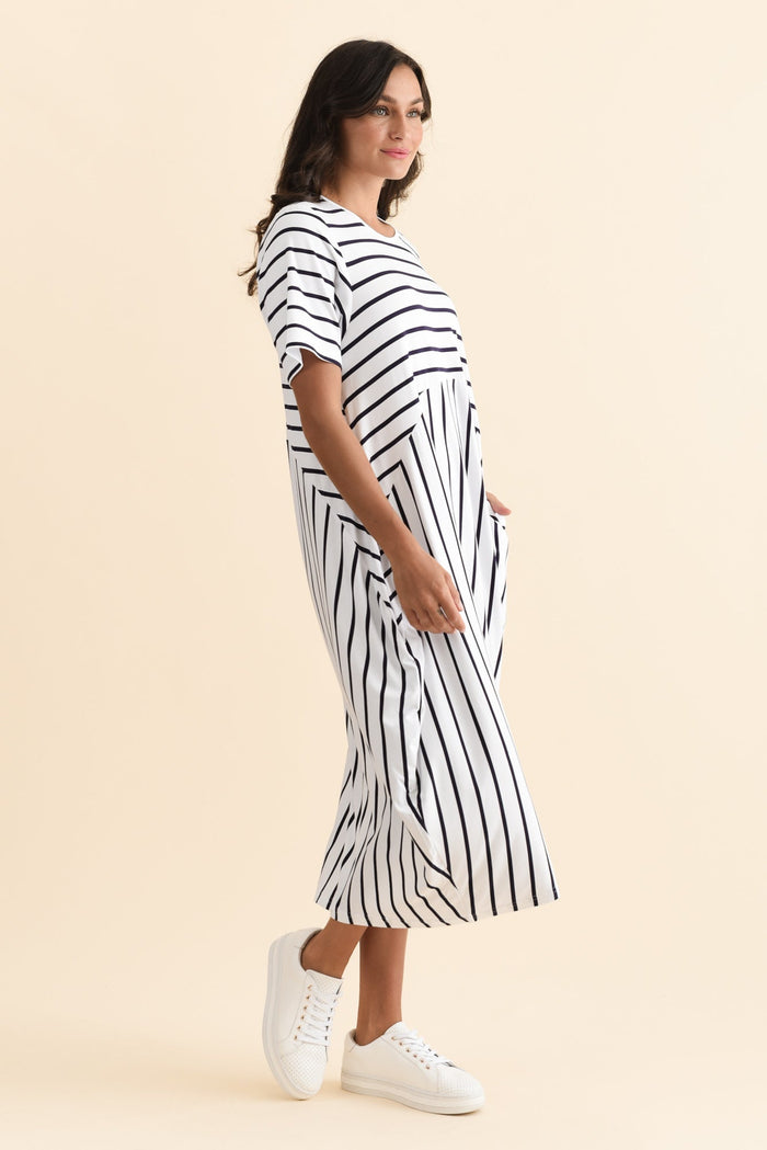 Samiya White Stripe Bamboo Dress,Brunette model,alt text|model:Brontie
