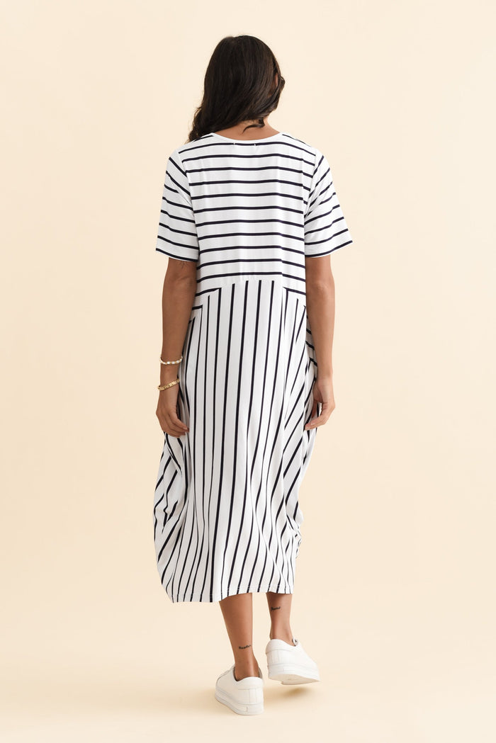 Samiya White Stripe Bamboo Dress,Brunette model,alt text|model:Brontie