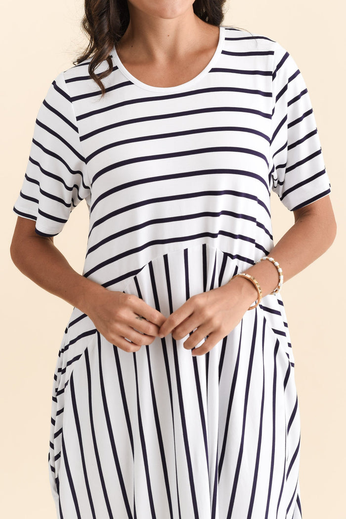 Samiya White Stripe Bamboo Dress,Brunette model,alt text|model:Brontie