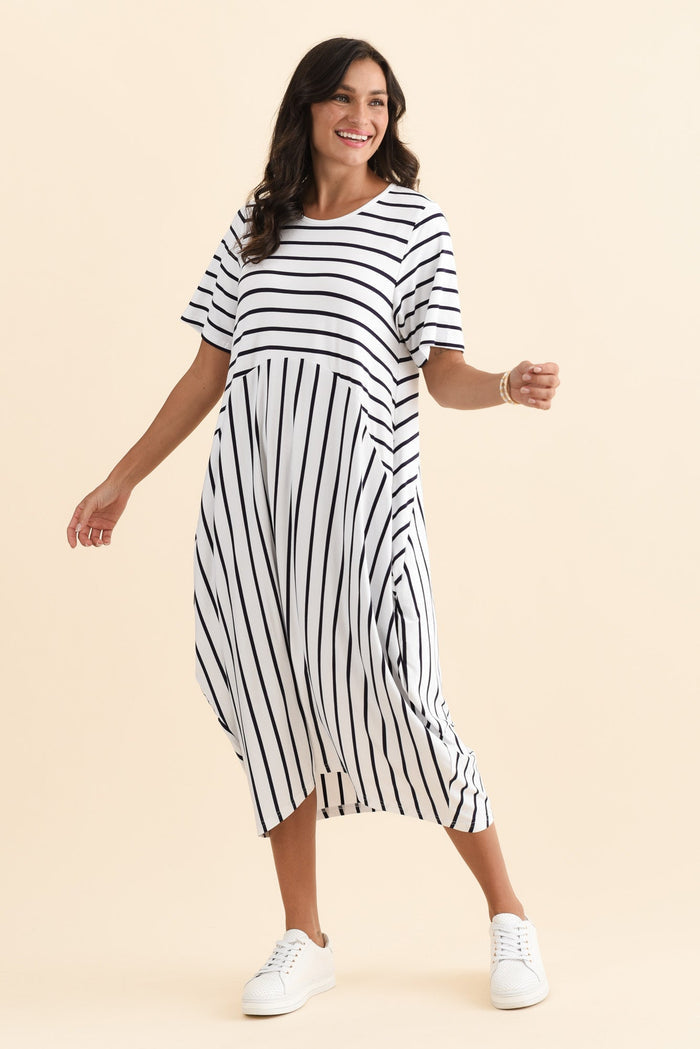 Samiya White Stripe Bamboo Dress,Brunette model,alt text|model:Brontie