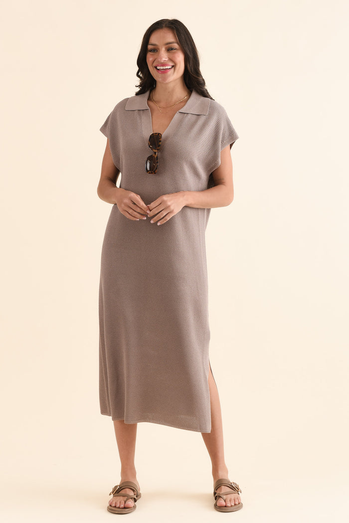 Santaz Taupe Collared Tie Dress,Front,Brunette model,alt text|model:Brontie