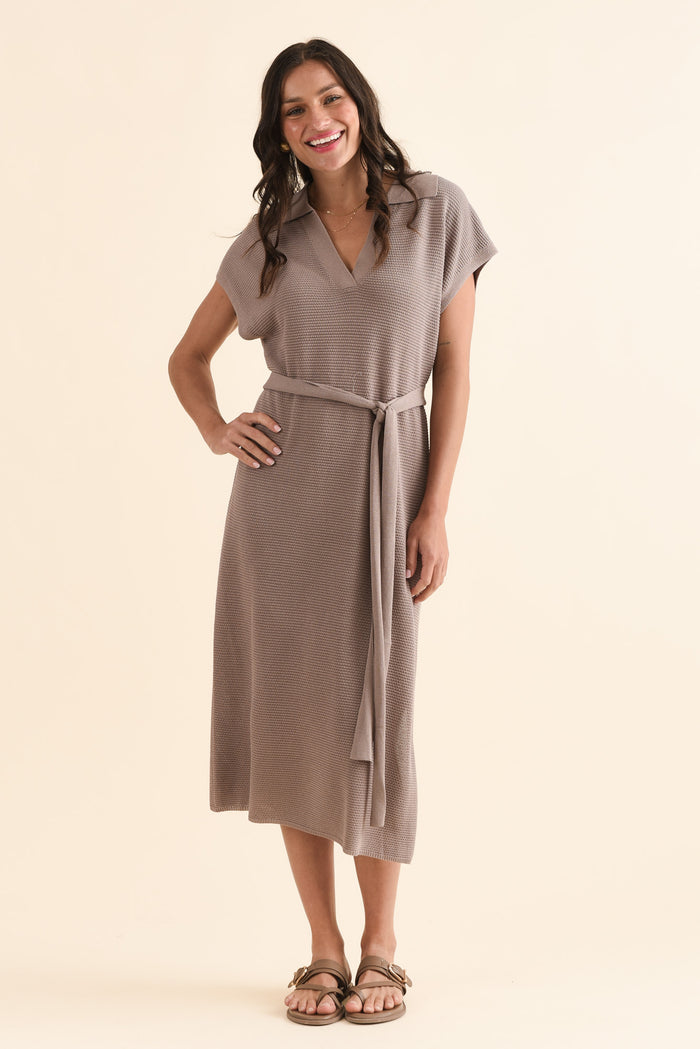 Santaz Taupe Collared Tie Dress,Full Body,Brunette model,alt text|model:Brontie