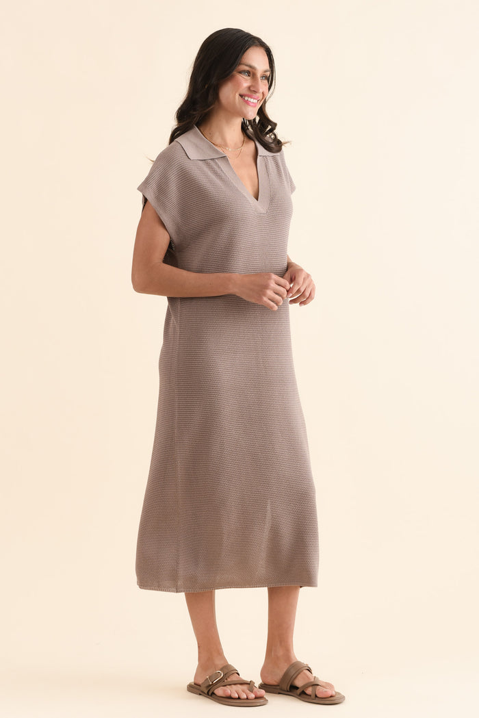 Santaz Taupe Collared Tie Dress,Side,Brunette model,alt text|model:Brontie