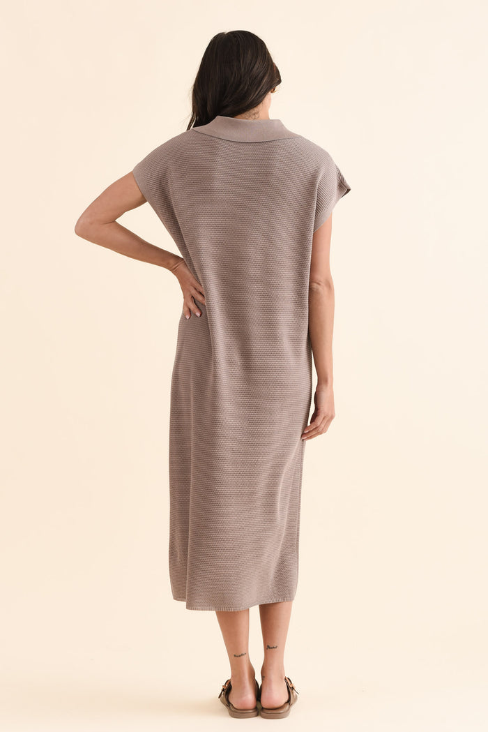 Santaz Taupe Collared Tie Dress,Back,Brunette model,alt text|model:Brontie