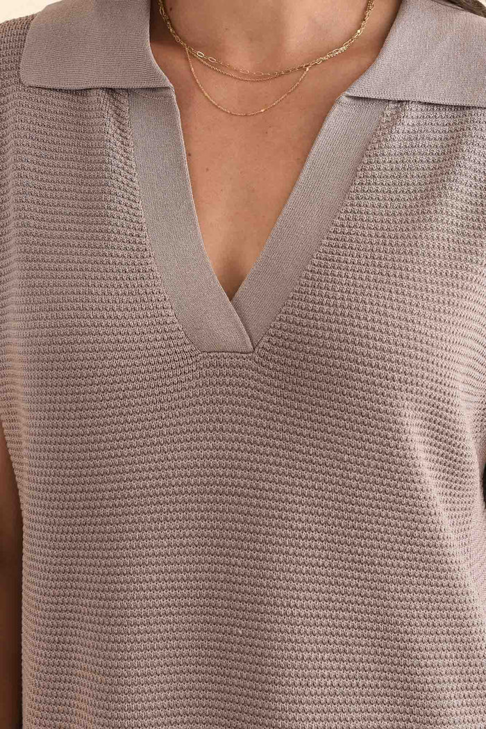 Santaz Taupe Collared Tie Dress,Detail,Brunette model,alt text|model:Brontie