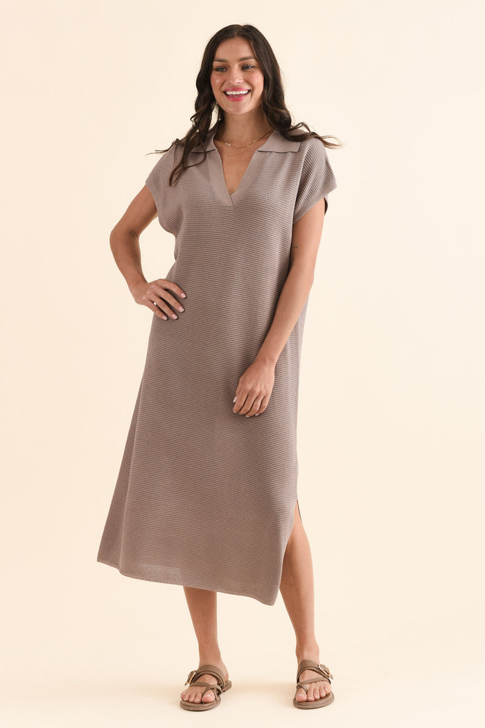 Santaz Taupe Collared Tie Dress,Full Body,Brunette model,alt text|model:Brontie