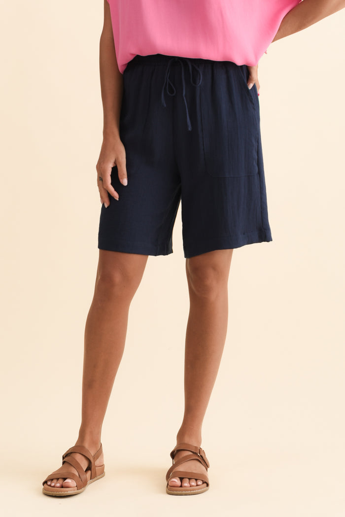 Santi Navy Drawstring Shorts,Brunette model,alt text|model:Brontie