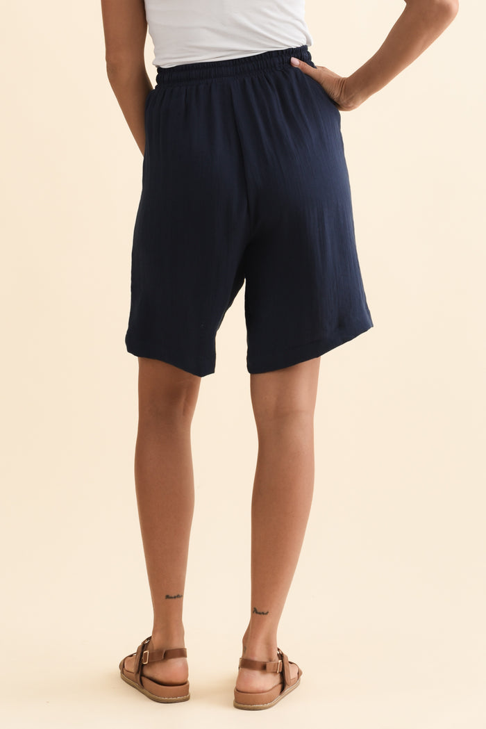Santi Navy Drawstring Shorts,Brunette model,alt text|model:Brontie