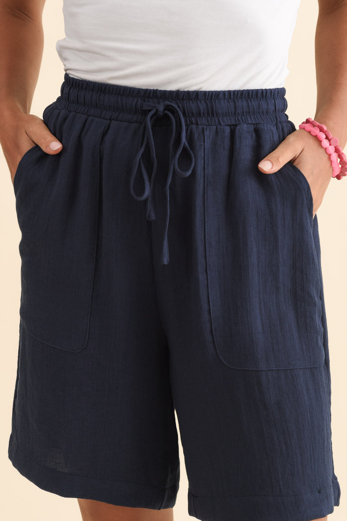 Santi Navy Drawstring Shorts,Brunette model,alt text|model:Brontie