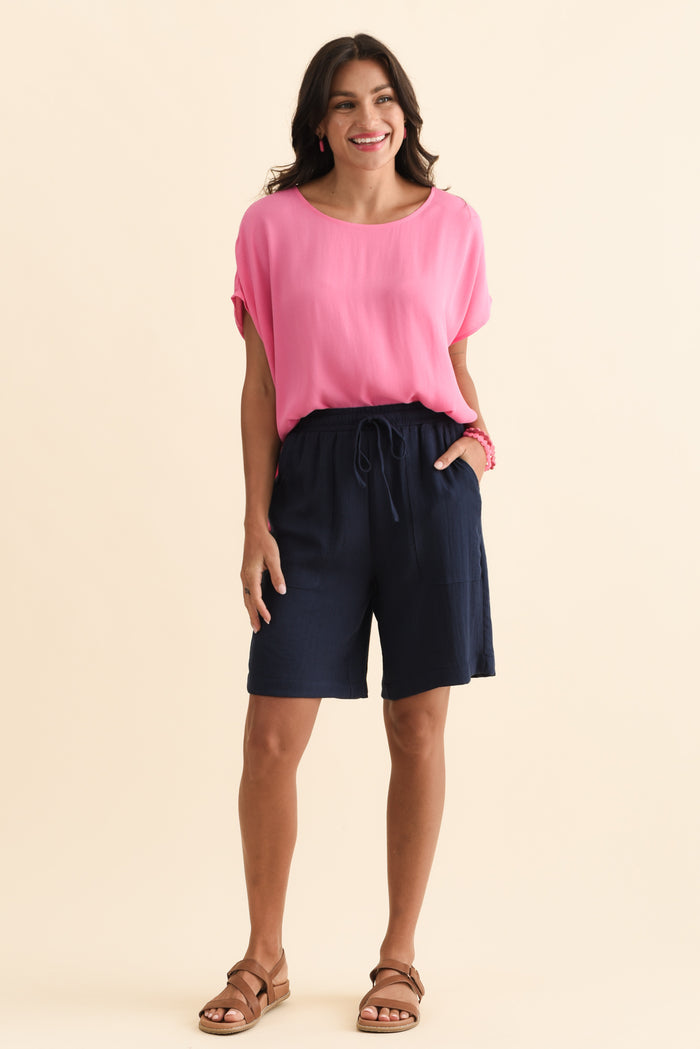 Santi Navy Drawstring Shorts,Brunette model,alt text|model:Brontie