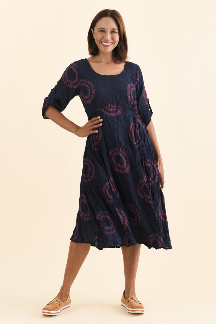 Sapporo Pink Circle Cotton Blend Crescent Dress,Brunette model,alt text|model:Cara