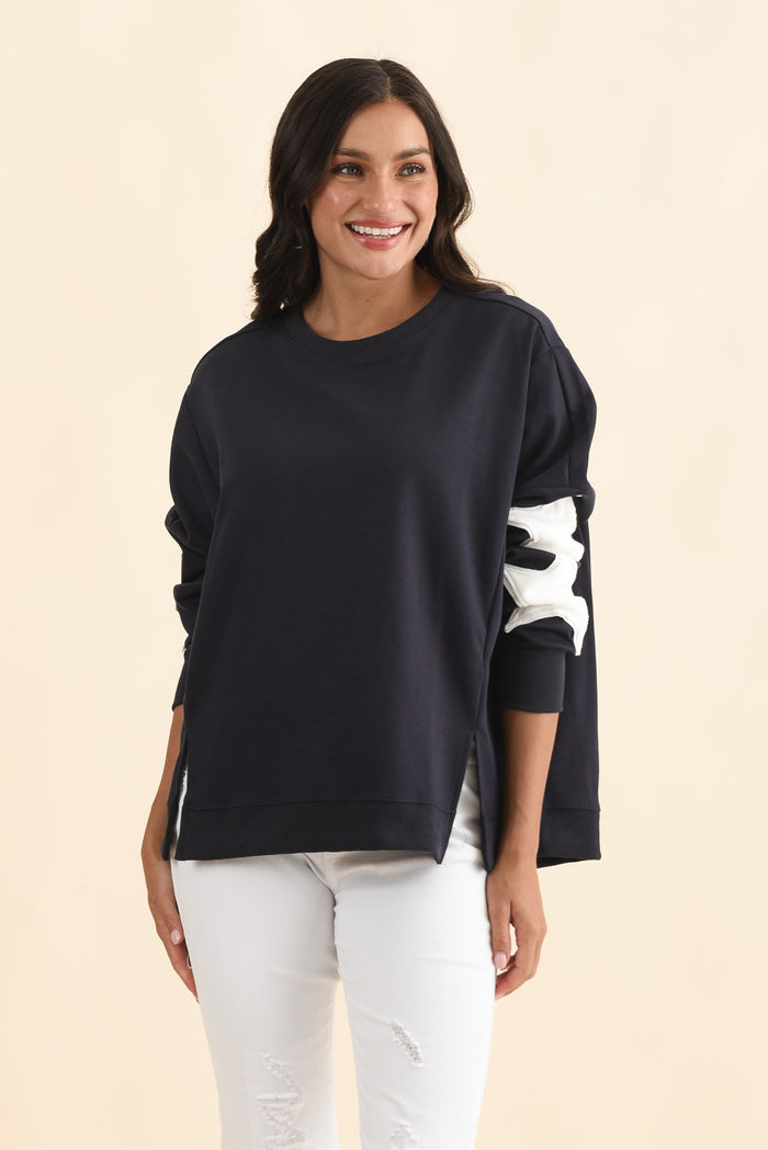 Saskia Navy Cotton Blend Sweatshirt,Brunette model,alt text|model:Brontie