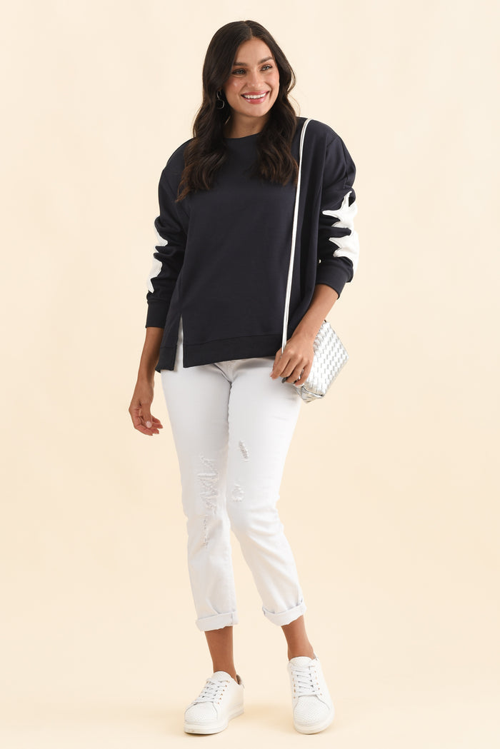 Saskia Navy Cotton Blend Sweatshirt,Brunette model,alt text|model:Brontie