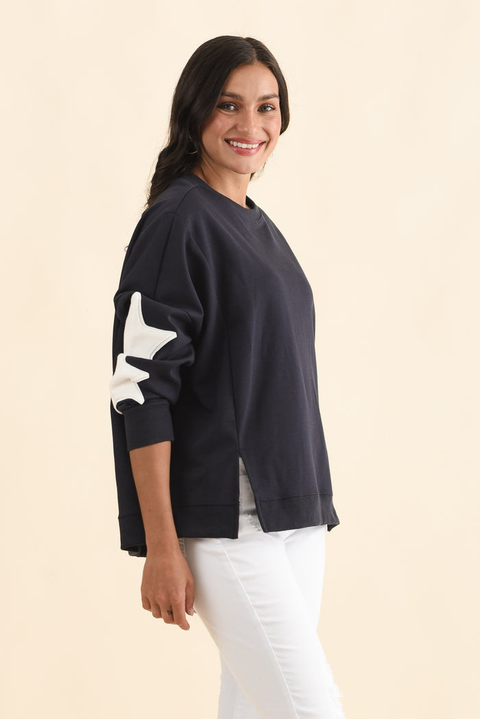 Saskia Navy Cotton Blend Sweatshirt,Brunette model,alt text|model:Brontie
