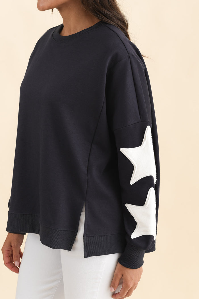 Saskia Navy Cotton Blend Sweatshirt,Brunette model,alt text|model:Brontie