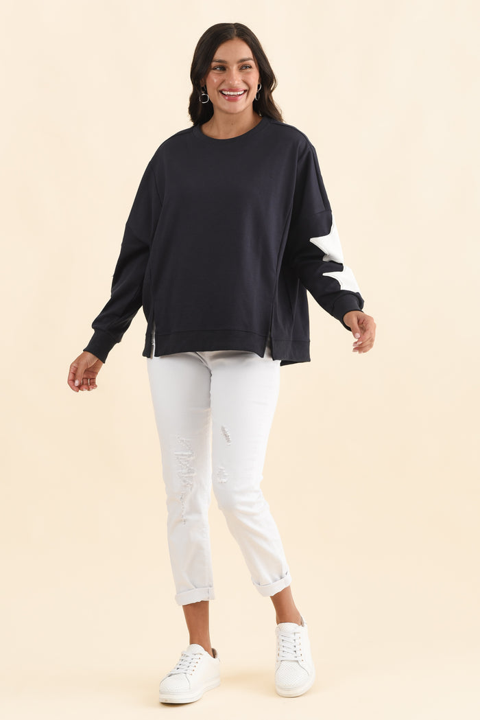 Saskia Navy Cotton Blend Sweatshirt,Brunette model,alt text|model:Brontie