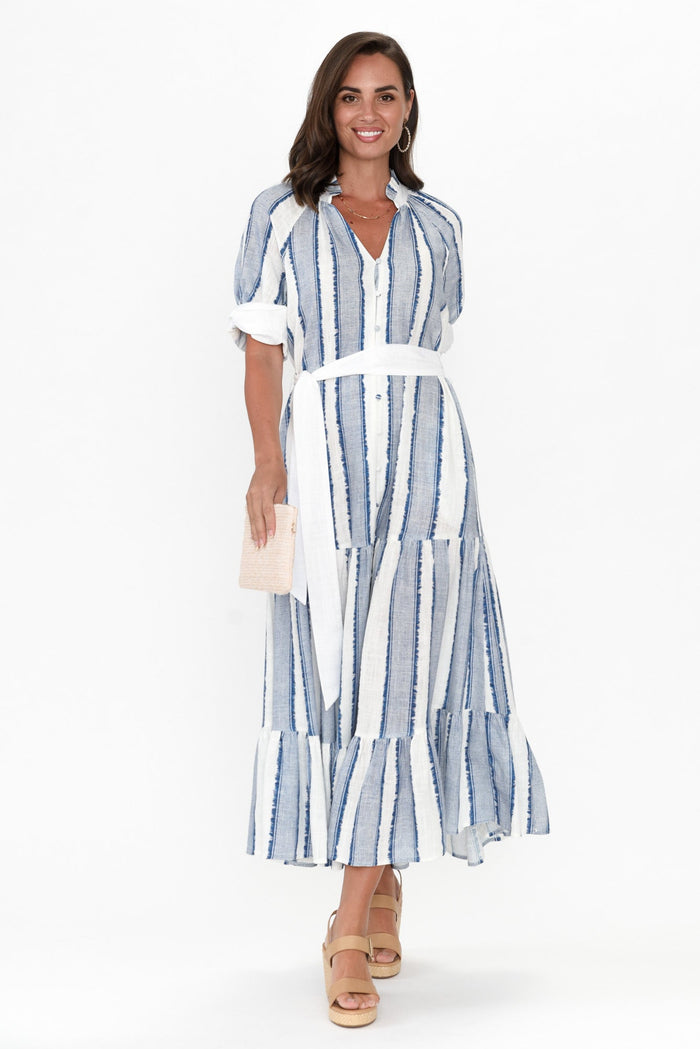 Scala Blue Stripe Linen Blend Dress,Brunette model,alt text|model:MJ