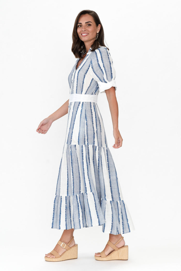 Scala Blue Stripe Linen Blend Dress,Brunette model,alt text|model:MJ