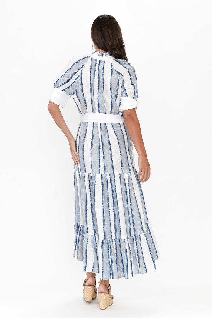 Scala Blue Stripe Linen Blend Dress,Brunette model,alt text|model:MJ