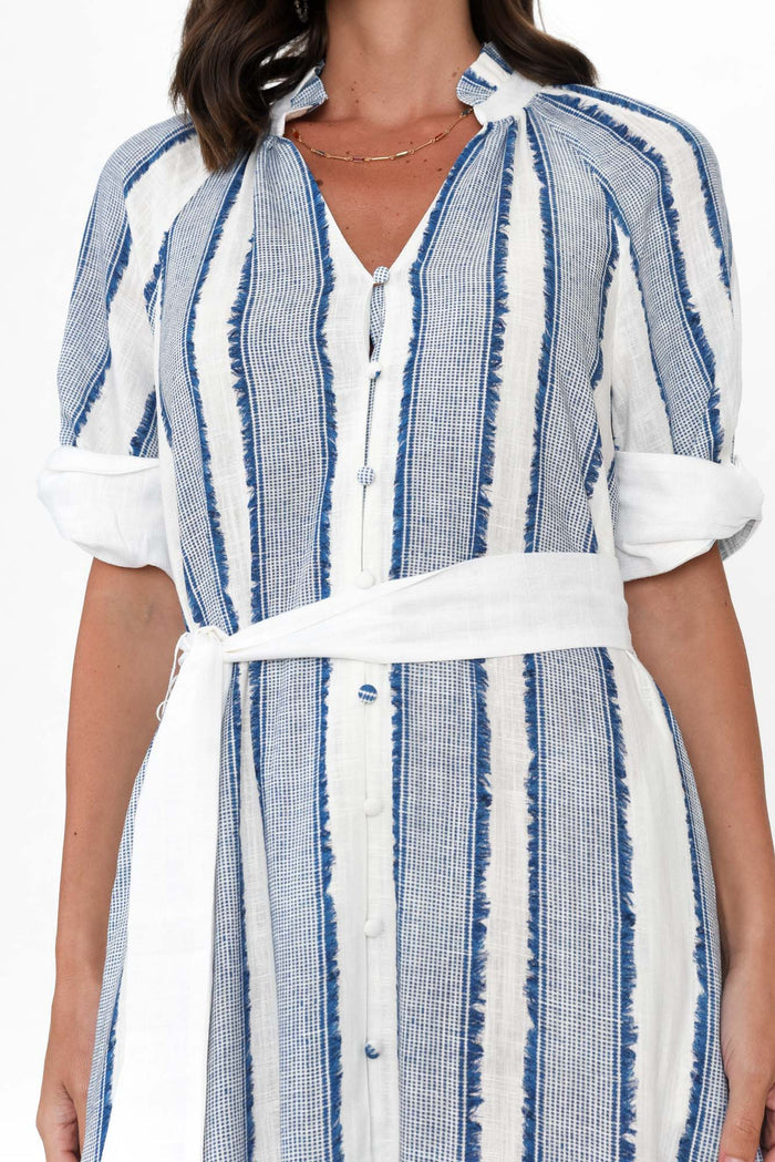 Scala Blue Stripe Linen Blend Dress,Brunette model,alt text|model:MJ