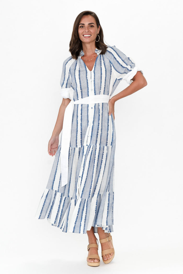 Scala Blue Stripe Linen Blend Dress,Brunette model,alt text|model:MJ