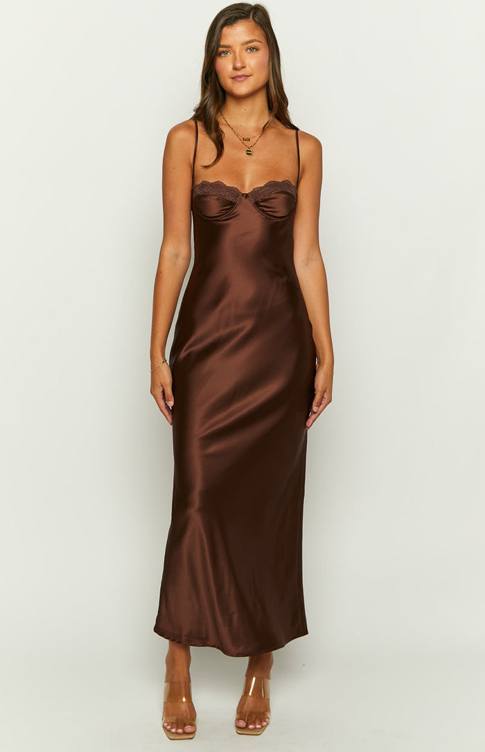 Front view of a brown satin maxi dress with a sweetheart neckline and delicate lace trim
