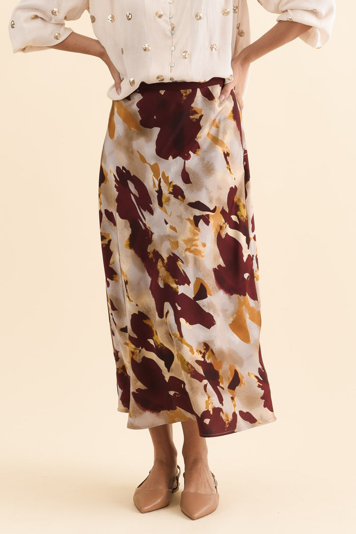 Scout Burgundy Abstract Maxi Skirt,Brunette model,alt text|model:MJ
