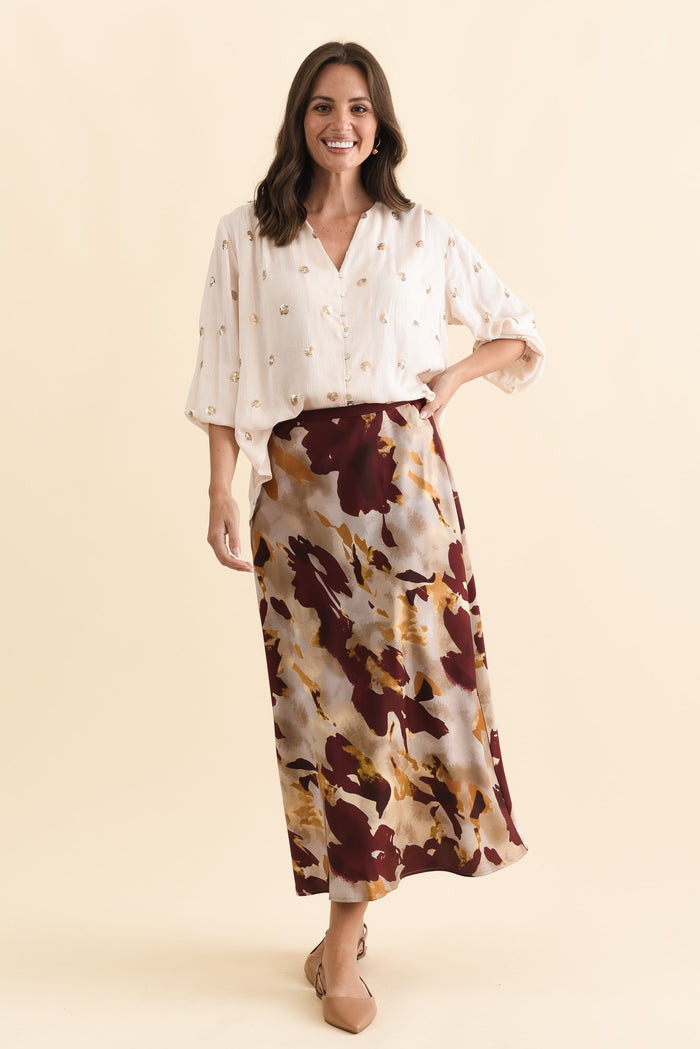 Scout Burgundy Abstract Maxi Skirt,Brunette model,alt text|model:MJ