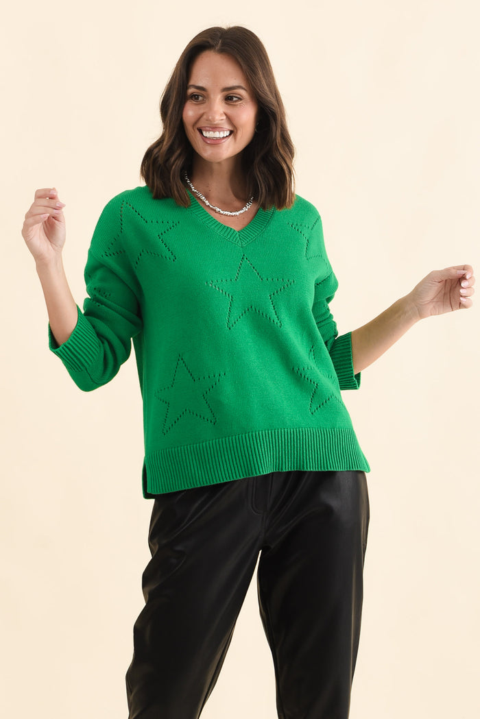 Selene Green Star Cotton Jumper,Brunette model,alt text|model:MJ