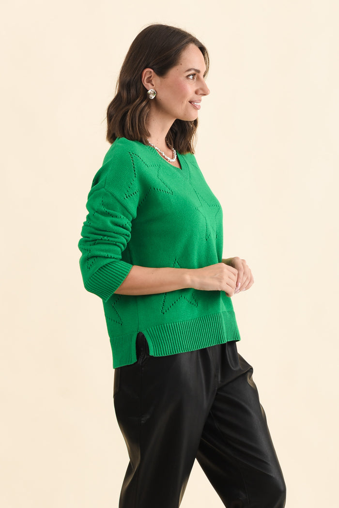 Selene Green Star Cotton Jumper,Brunette model,alt text|model:MJ