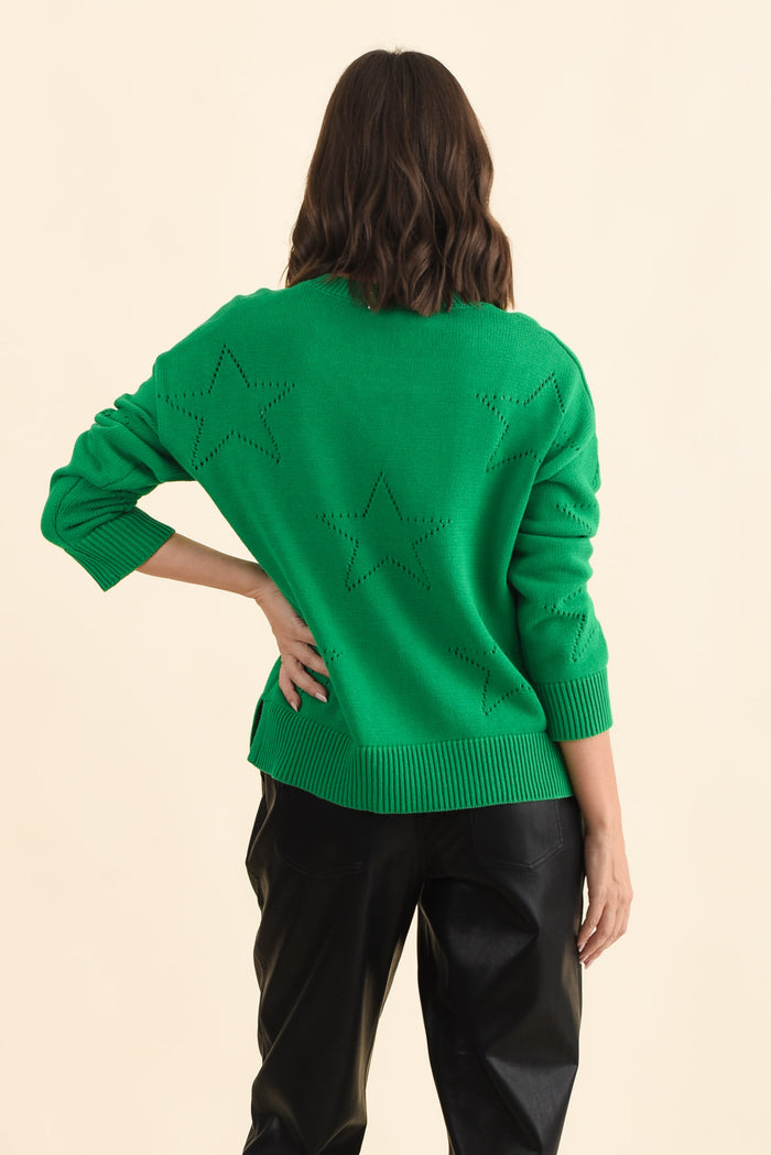Selene Green Star Cotton Jumper,Brunette model,alt text|model:MJ