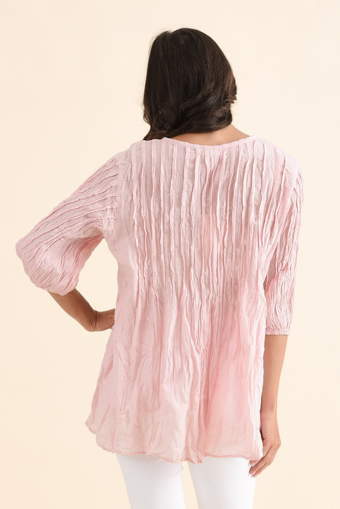 Selma Pink Crinkle Cotton Top,Back,Brunette model,alt text|model:Brontie