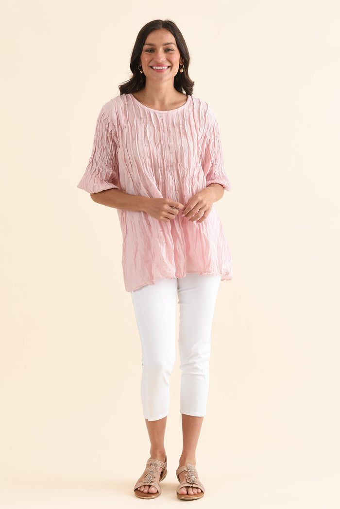 Selma Pink Crinkle Cotton Top,Full Body,Brunette model,alt text|model:Brontie