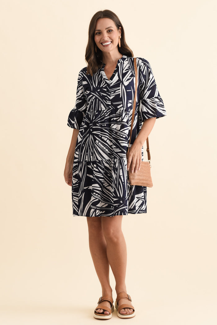 Senna Navy Burst Cotton Dress,Brunette model,alt text|model:MJ