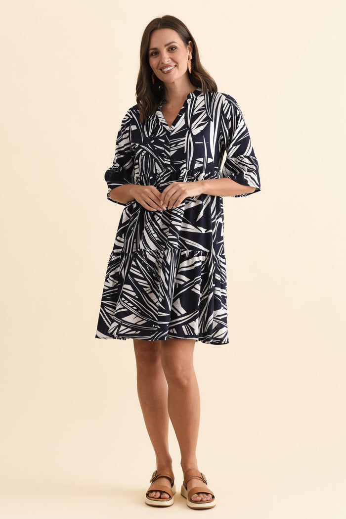 Senna Navy Burst Cotton Dress,Brunette model,alt text|model:MJ