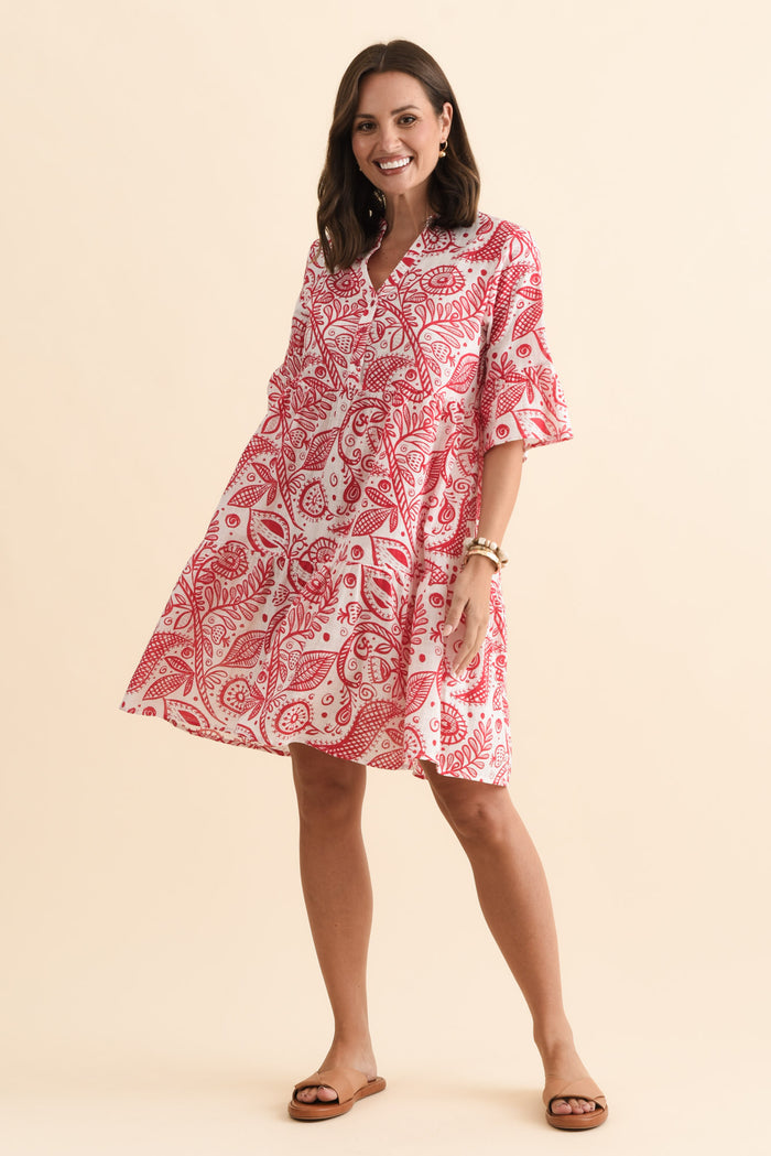 Senna Red Abstract Cotton Dress,Brunette model,alt text|model:MJ
