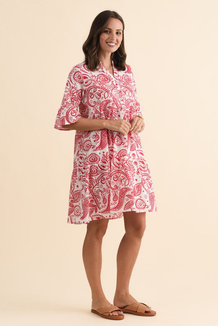 Senna Red Abstract Cotton Dress,Brunette model,alt text|model:MJ