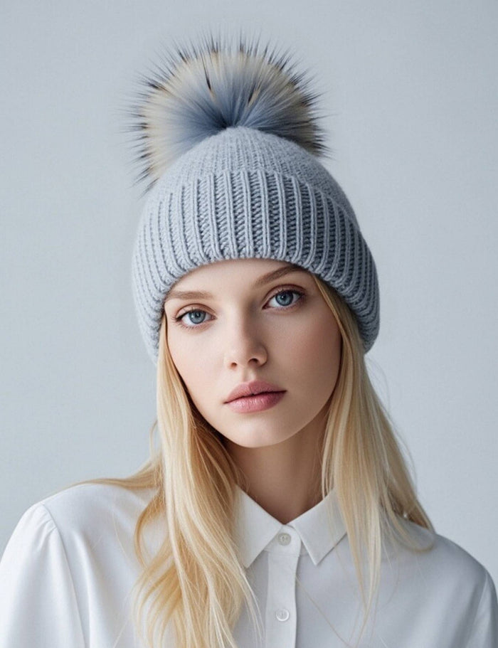 Sequin Knit Beanie with Detachable Faux Fur Pom-Pom