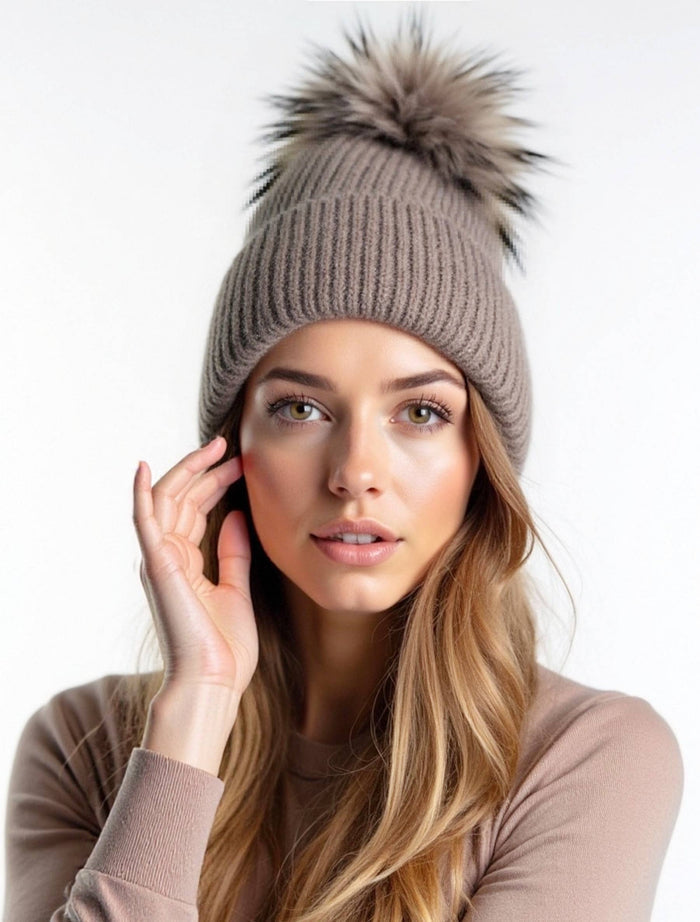 Sequin Knit Beanie with Detachable Faux Fur Pom-Pom