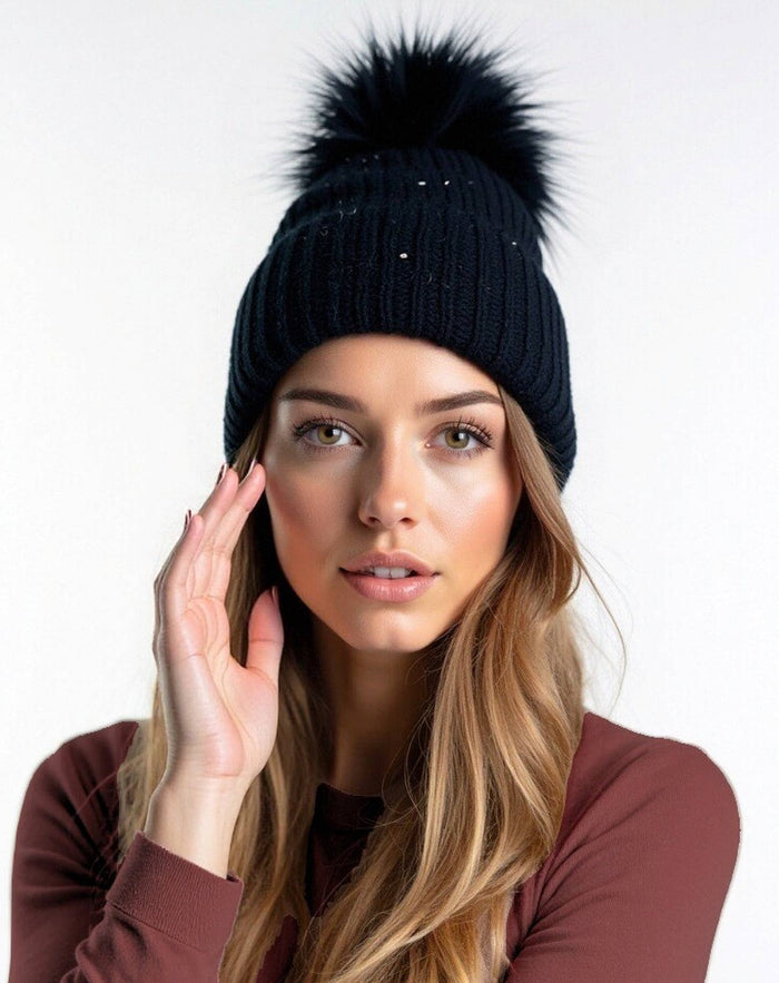 Sequin Knit Beanie with Detachable Faux Fur Pom-Pom