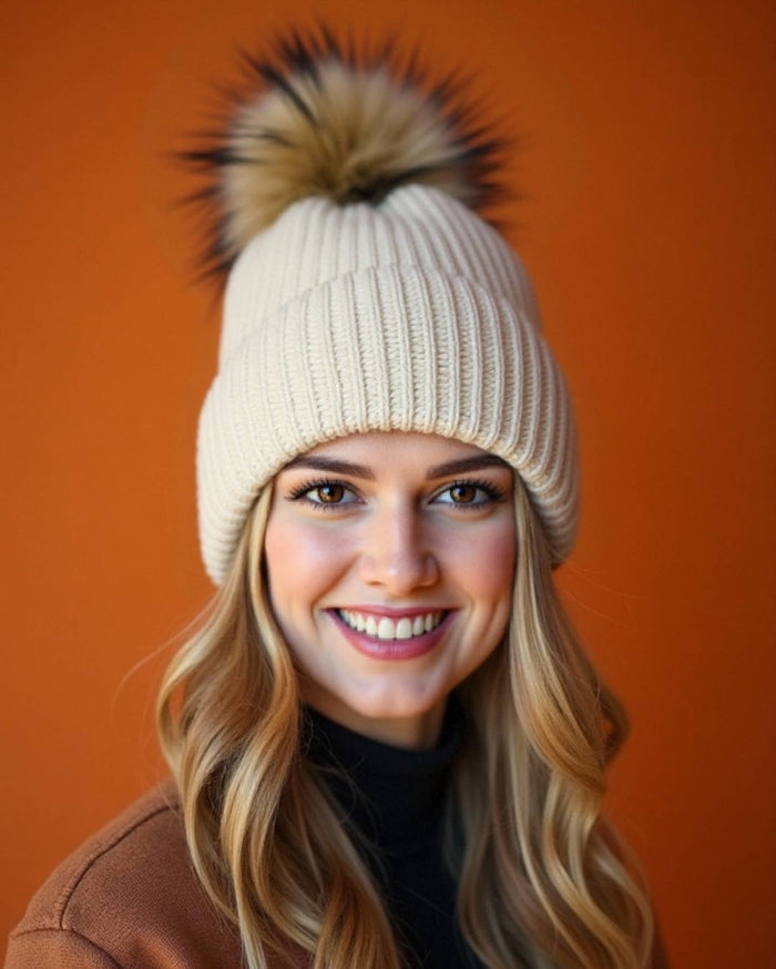 Sequin Knit Beanie with Detachable Faux Fur Pom-Pom