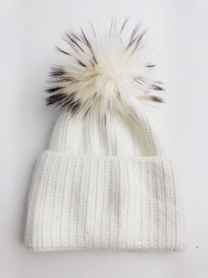 Sequin Knit Beanie with Detachable Faux Fur Pom-Pom